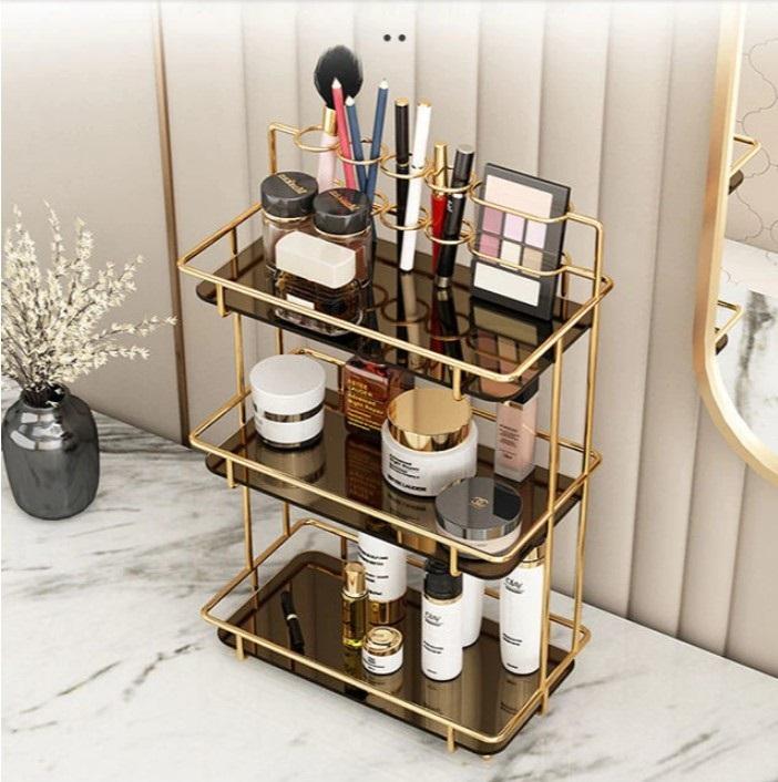 Golden Makeup Organizer with Black Glass Shelves