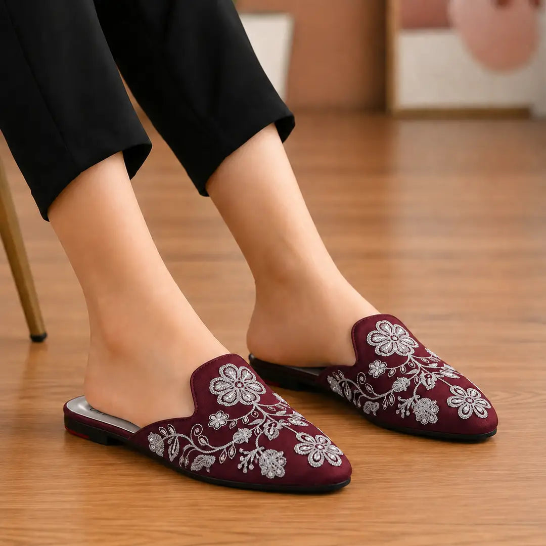 Elegant Floral Embroidered Backless Loafers - 071 - Maroon