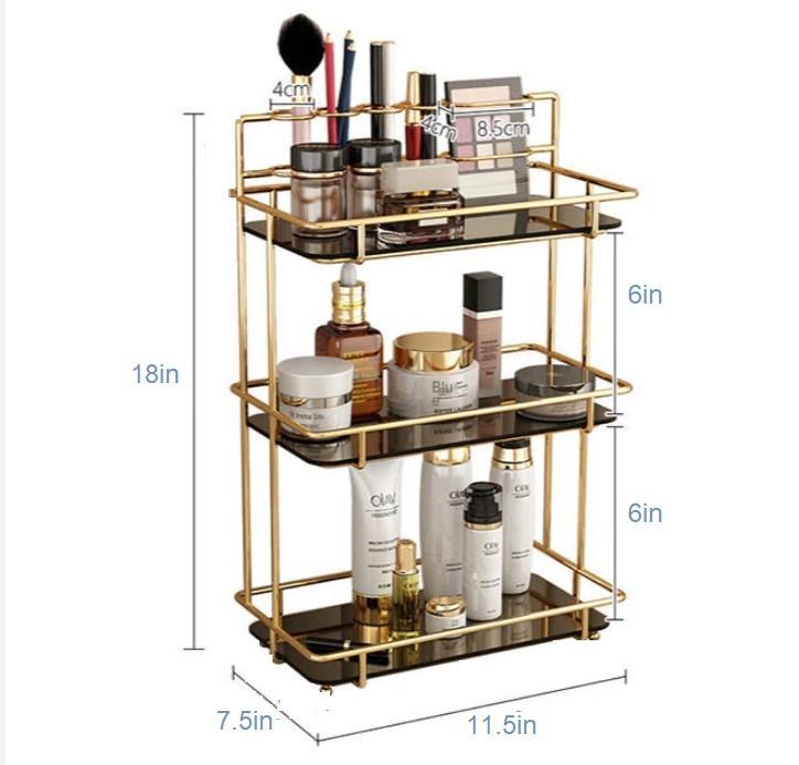 Golden Makeup Organizer with Black Glass Shelves