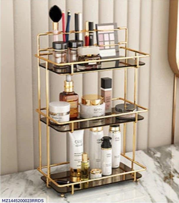 Golden Makeup Organizer with Black Glass Shelves