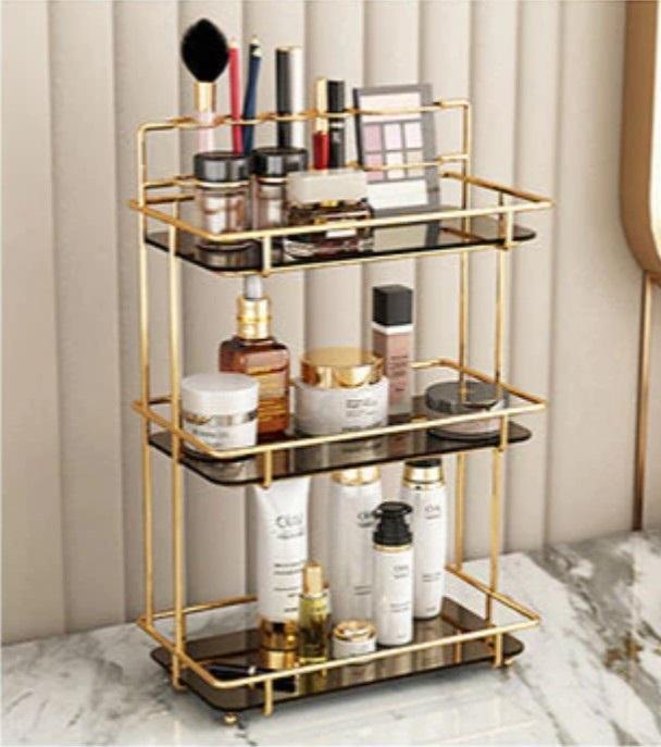 Golden Makeup Organizer with Black Glass Shelves
